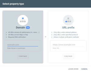 از یکی از دو روش Domain یا URL prefix برای ثبت سایت در سرچ کنسول گوگل استفاده کنید.